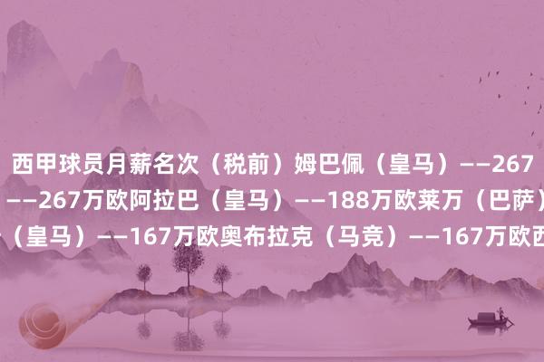 西甲球员月薪名次（税前）姆巴佩（皇马）——267万欧维尼修斯（皇马）——267万欧阿拉巴（皇马）——188万欧莱万（巴萨）——173万欧贝林厄姆（皇马）——167万欧奥布拉克（马竞）——167万欧西甲陶冶月薪名次（税前）西蒙尼（马竞）——217万欧弗里克（巴萨）——97万欧阿韦洛亚（皇马）——58万欧    体育赛事直播