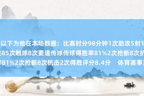 以下为他在本场数据：比赛时分98分钟1次助攻5射1正3次过东说念主0得胜85次触球8次要道传球传球得胜率81%2次抢断8次抗击2次得胜评分8.4分    体育赛事直播